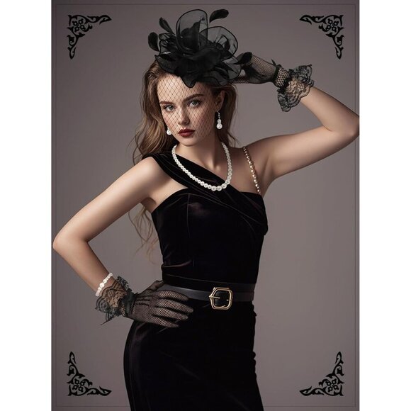 Women’s Elegant Tea Party Outfit Set Mesh Fascinator Lace Gloves Pearl Jewelry